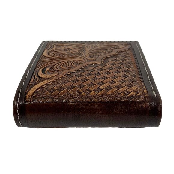 American Bison Men's Hand Tooled Brown Leather Bifold Wallet Floral Weave - Picture 3 of 10